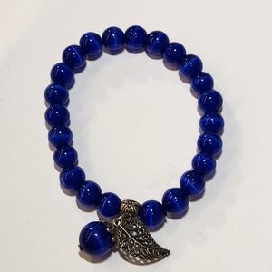 Dark Blue Cat's Eye Beaded Stretch Bracelet with Antique Like Bronze Leaf Charm
